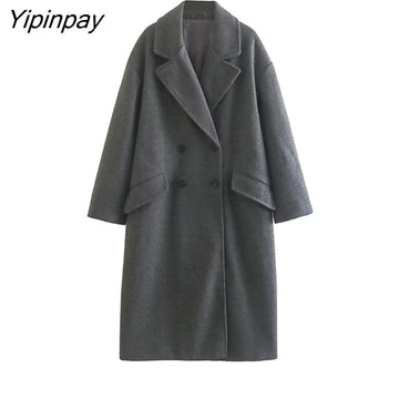 Yipinpay Elegant Ladies Loose Woolen Coat 2023 Winter Simple Double Breasted Long Sleeve Outwear Warm Basic Female Fashion Overcoat